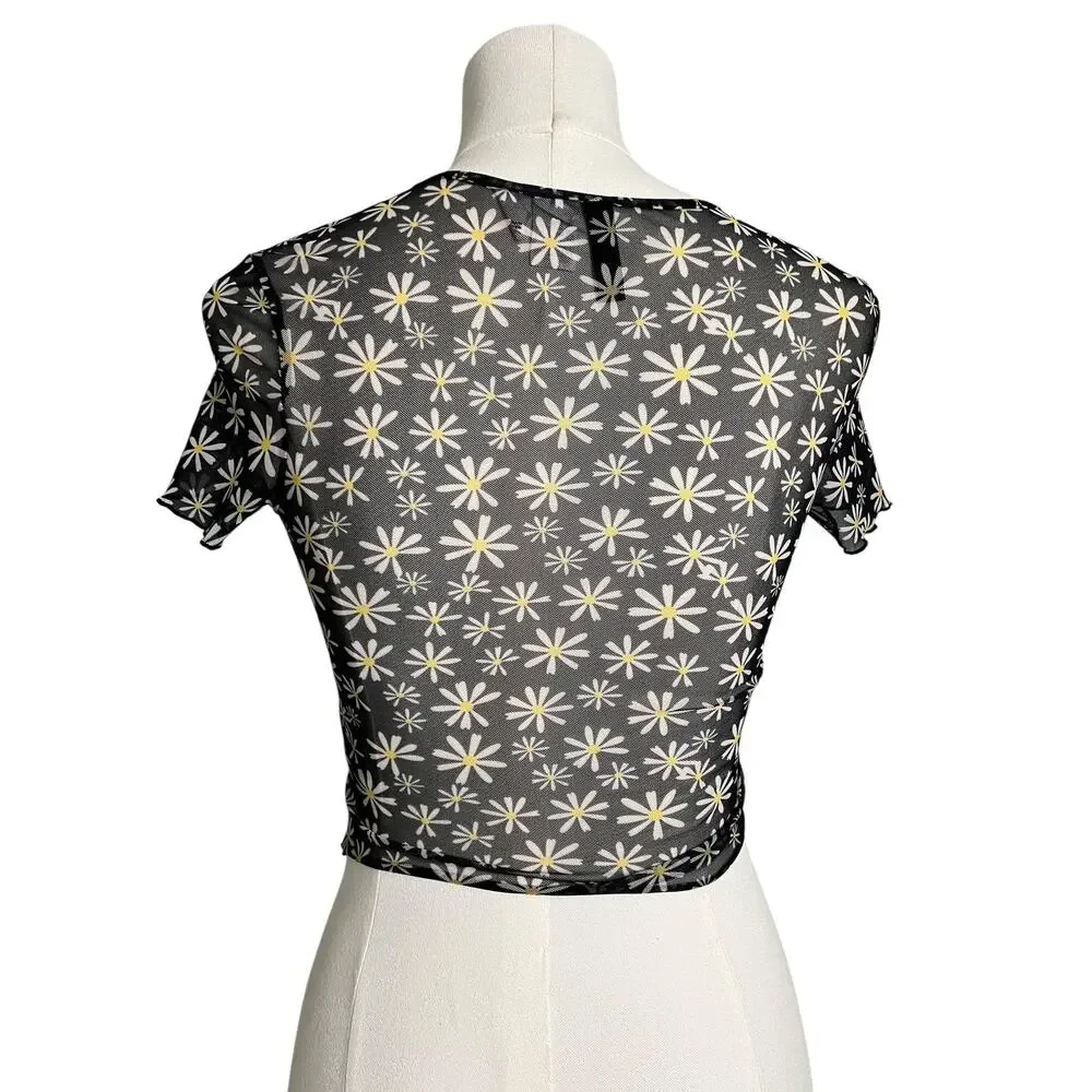 H&M Divided Mesh Crop T-Shirt Teens Small Black Daisy Floral Sheer Festival - Picture 4 of 7